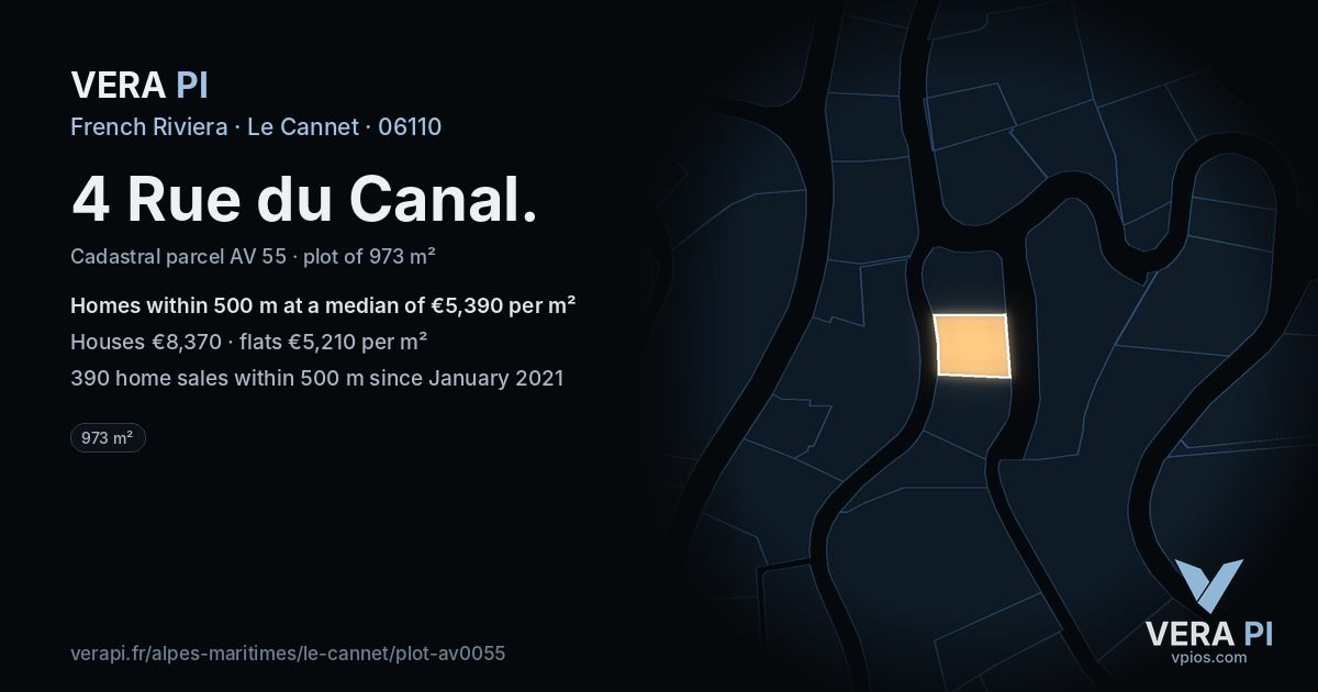 4 Rue du Canal, Le Cannet at night – the plot lit, the parcels around coloured by the prices near them