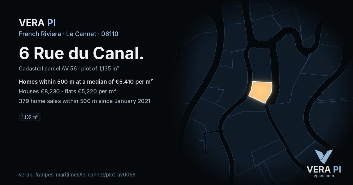 6 Rue du Canal, Le Cannet at night – the plot lit, the parcels around coloured by the prices near them