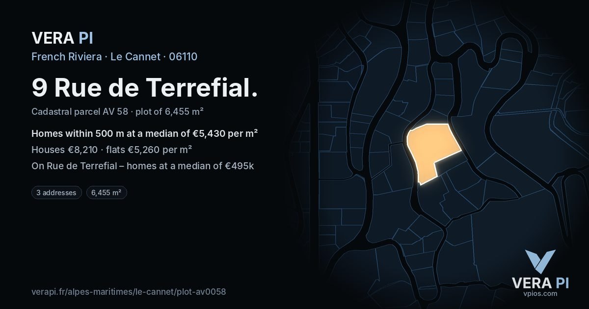 9 Rue de Terrefial, Le Cannet at night – the plot lit, the parcels around coloured by the prices near them