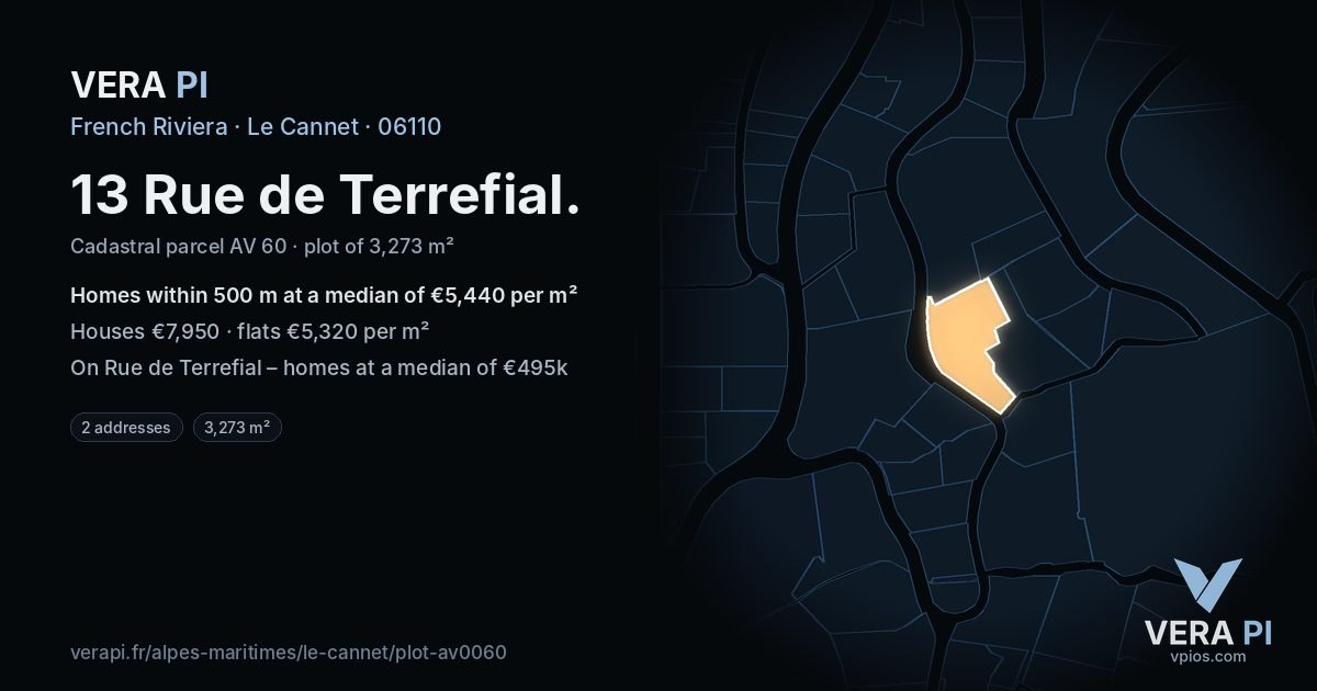 13 Rue de Terrefial, Le Cannet at night – the plot lit, the parcels around coloured by the prices near them