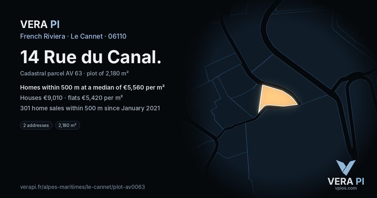 14 Rue du Canal, Le Cannet at night – the plot lit, the parcels around coloured by the prices near them
