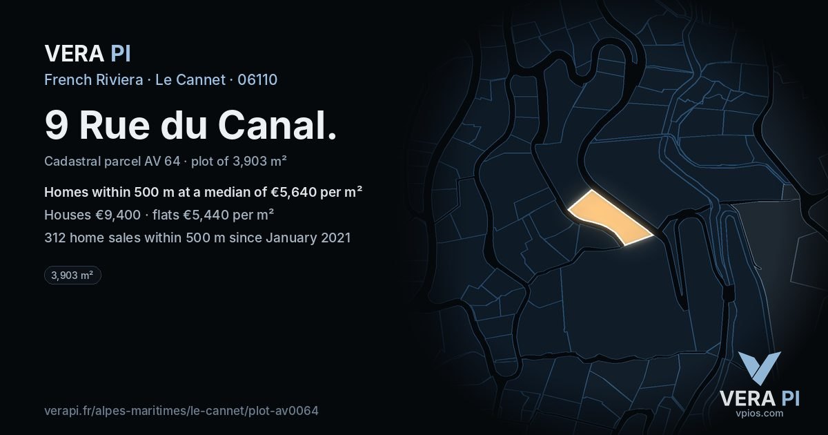 9 Rue du Canal, Le Cannet at night – the plot lit, the parcels around coloured by the prices near them