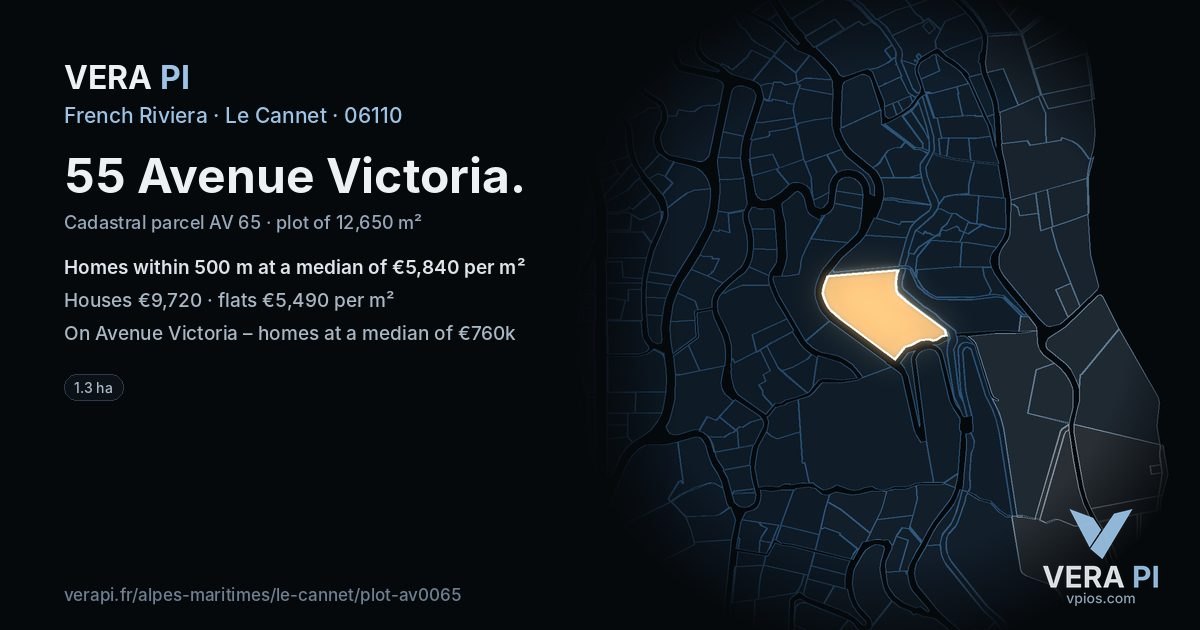 55 Avenue Victoria, Le Cannet at night – the plot lit, the parcels around coloured by the prices near them