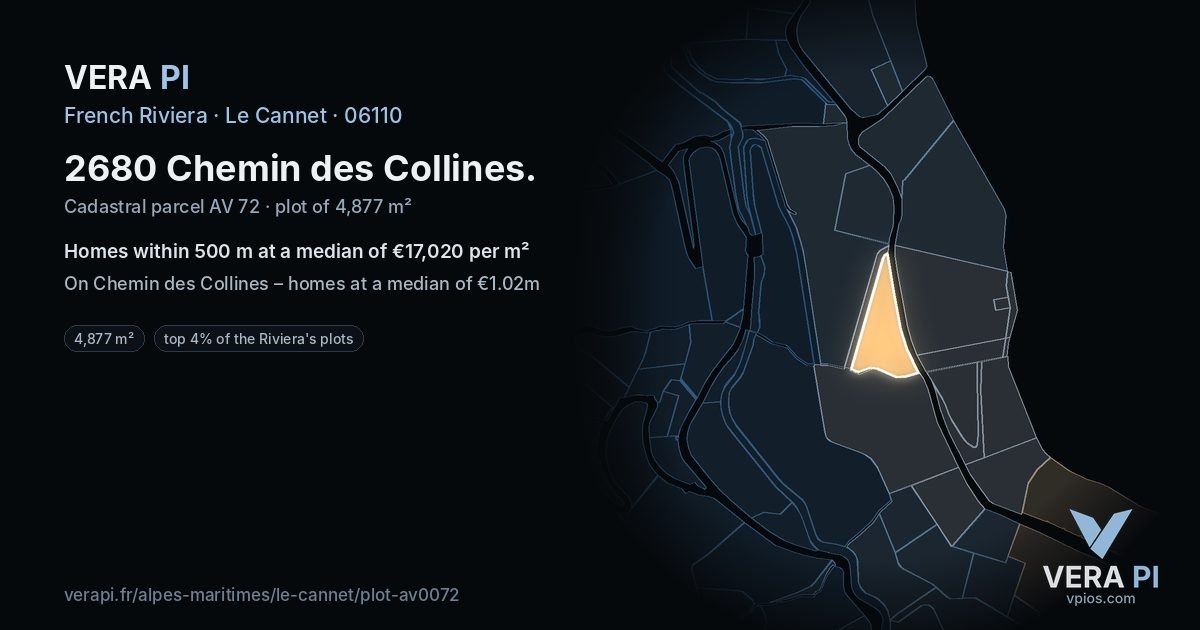 2680 Chemin des Collines, Le Cannet at night – the plot lit, the parcels around coloured by the prices near them