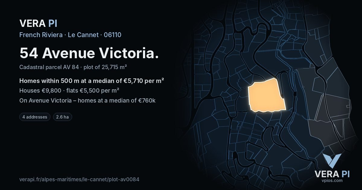 54 Avenue Victoria, Le Cannet at night – the plot lit, the parcels around coloured by the prices near them
