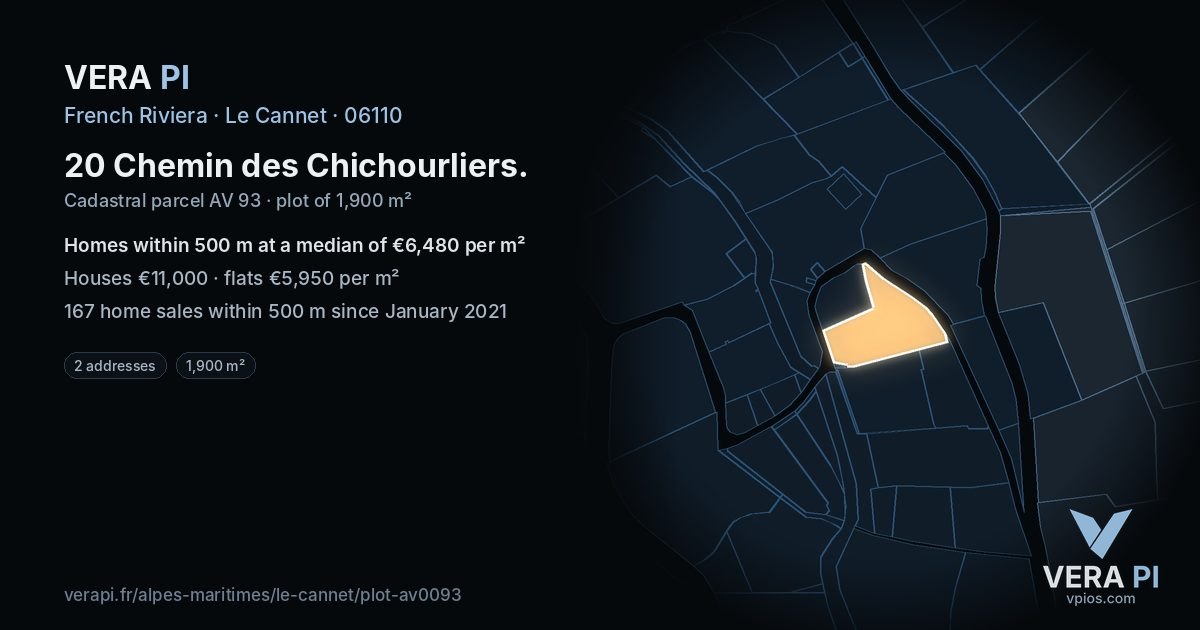 20 Chemin des Chichourliers, Le Cannet at night – the plot lit, the parcels around coloured by the prices near them