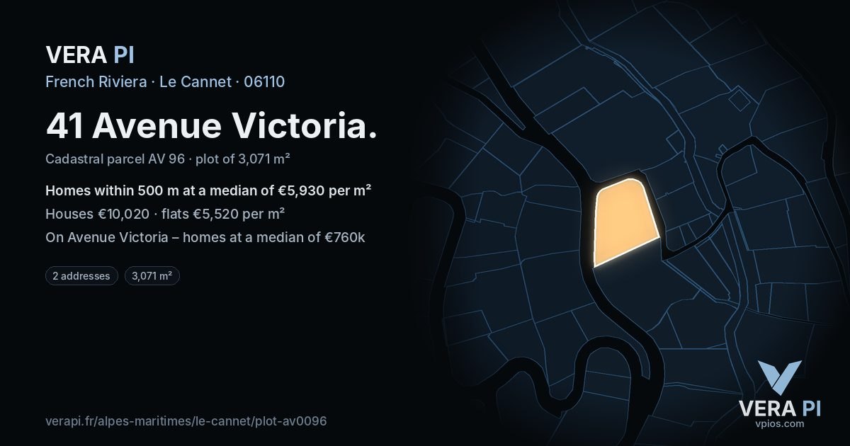 41 Avenue Victoria, Le Cannet at night – the plot lit, the parcels around coloured by the prices near them