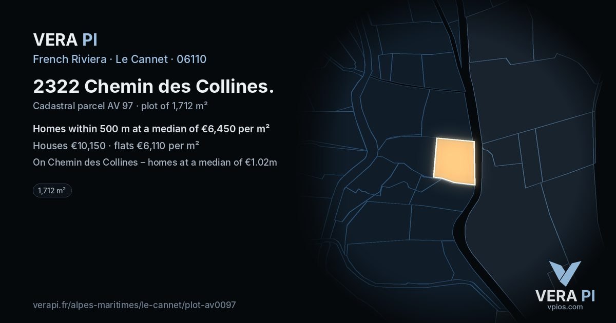 2322 Chemin des Collines, Le Cannet at night – the plot lit, the parcels around coloured by the prices near them