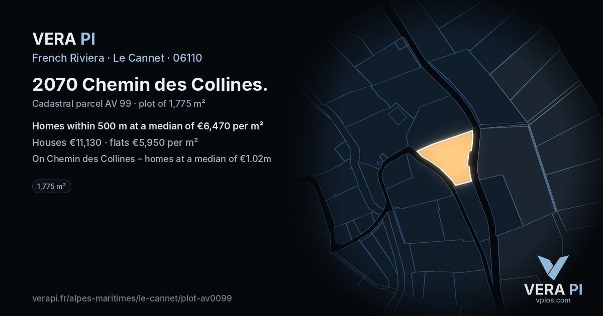 2070 Chemin des Collines, Le Cannet at night – the plot lit, the parcels around coloured by the prices near them