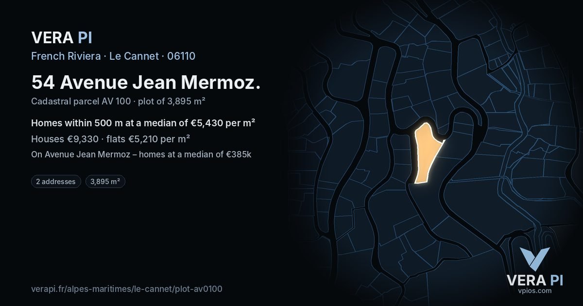 54 Avenue Jean Mermoz, Le Cannet at night – the plot lit, the parcels around coloured by the prices near them