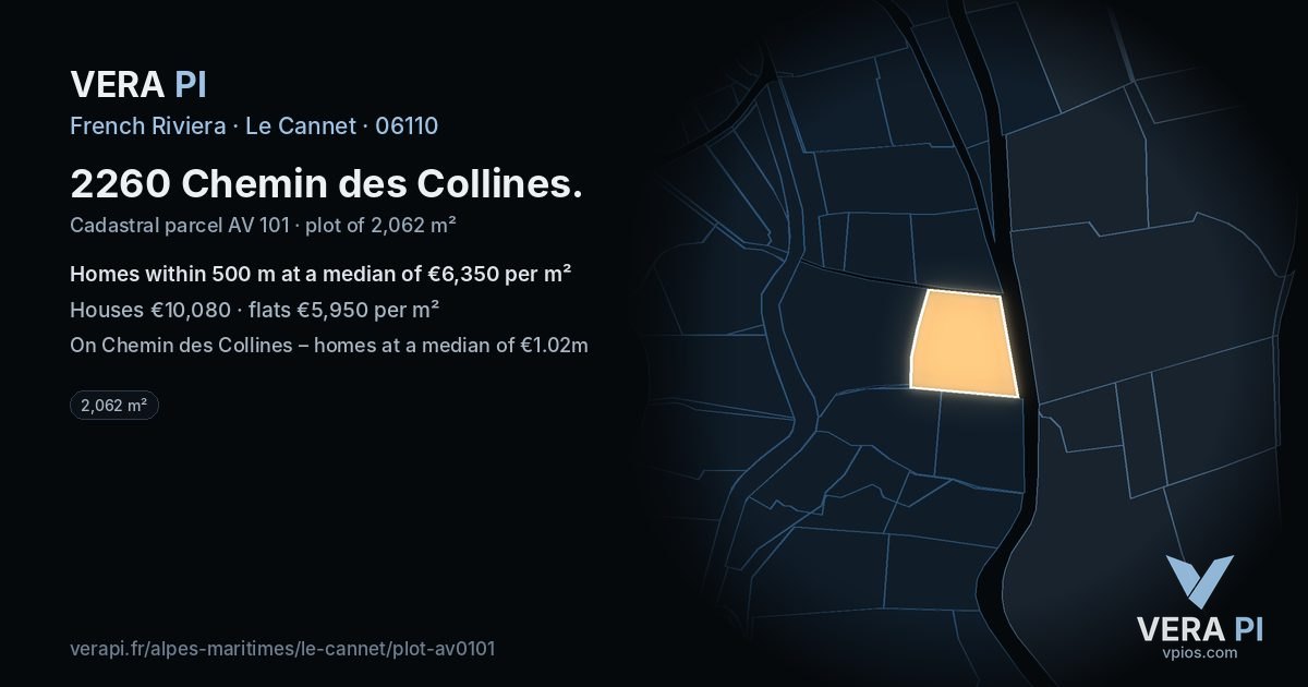 2260 Chemin des Collines, Le Cannet at night – the plot lit, the parcels around coloured by the prices near them