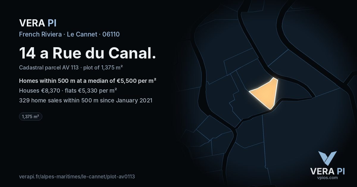 14 a Rue du Canal, Le Cannet at night – the plot lit, the parcels around coloured by the prices near them