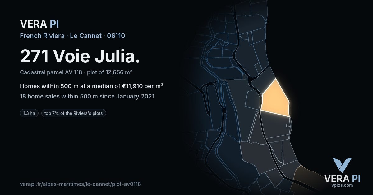 271 Voie Julia, Le Cannet at night – the plot lit, the parcels around coloured by the prices near them