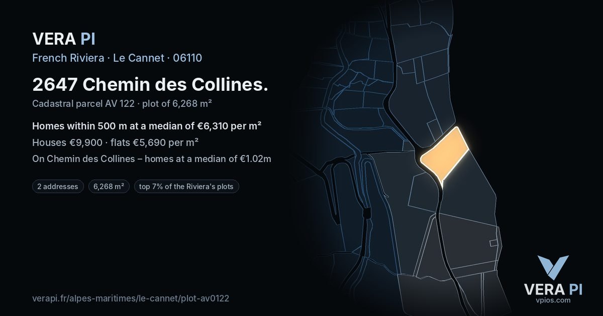 2647 Chemin des Collines, Le Cannet at night – the plot lit, the parcels around coloured by the prices near them
