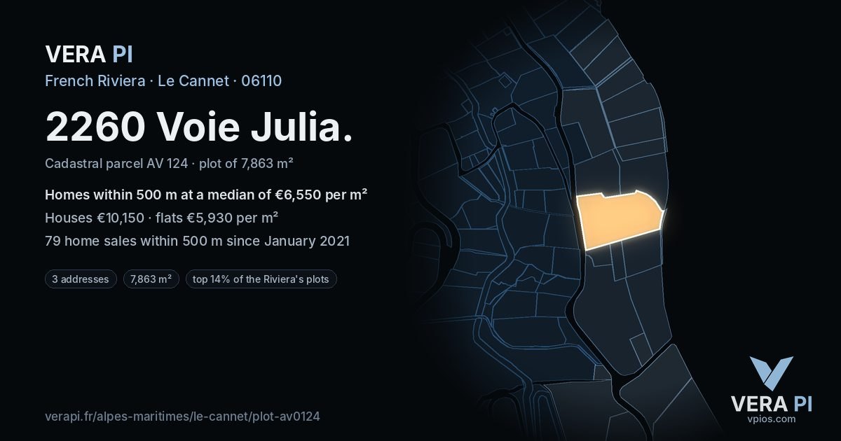 2260 Voie Julia, Le Cannet at night – the plot lit, the parcels around coloured by the prices near them