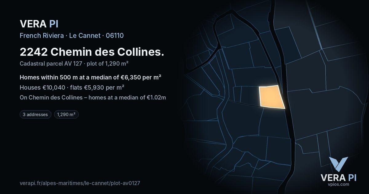 2242 Chemin des Collines, Le Cannet at night – the plot lit, the parcels around coloured by the prices near them