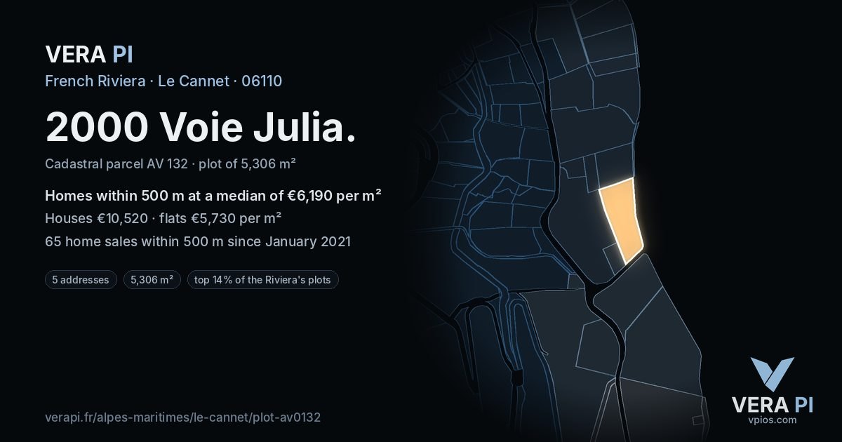 2000 Voie Julia, Le Cannet at night – the plot lit, the parcels around coloured by the prices near them