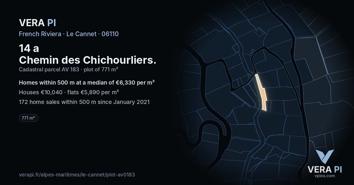 14 a Chemin des Chichourliers, Le Cannet at night – the plot lit, the parcels around coloured by the prices near them