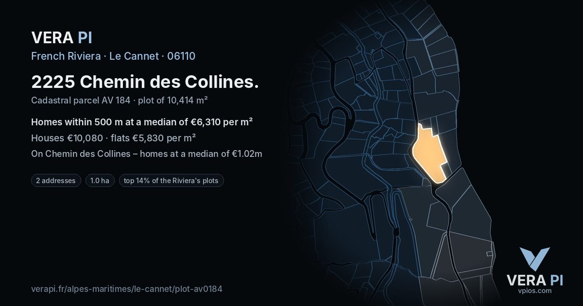 2225 Chemin des Collines, Le Cannet at night – the plot lit, the parcels around coloured by the prices near them