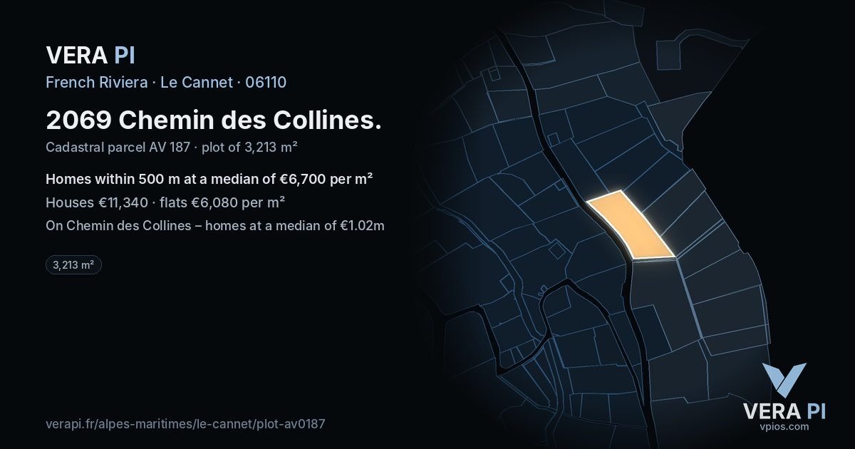 2069 Chemin des Collines, Le Cannet at night – the plot lit, the parcels around coloured by the prices near them