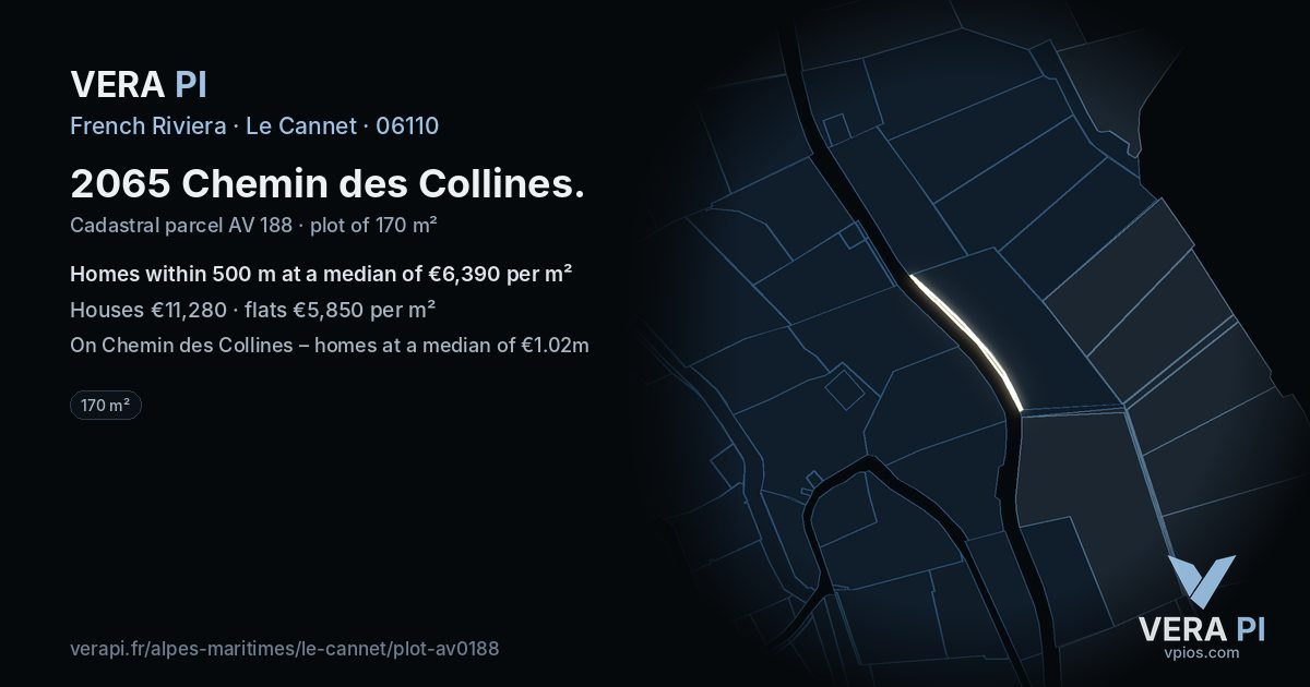 2065 Chemin des Collines, Le Cannet at night – the plot lit, the parcels around coloured by the prices near them