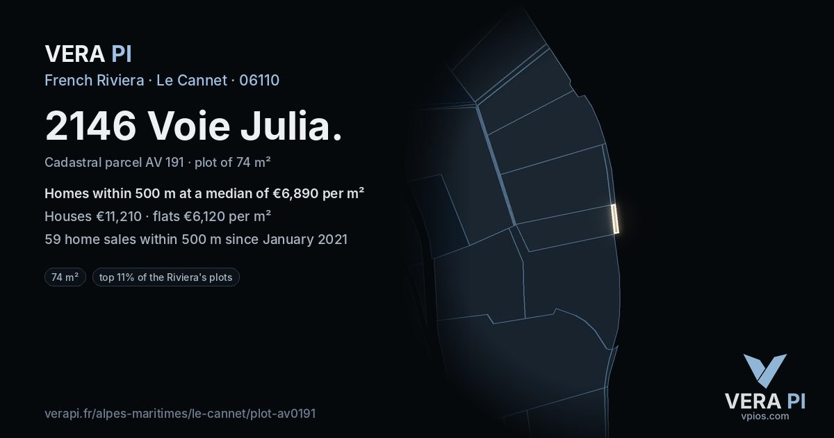 2146 Voie Julia, Le Cannet at night – the plot lit, the parcels around coloured by the prices near them
