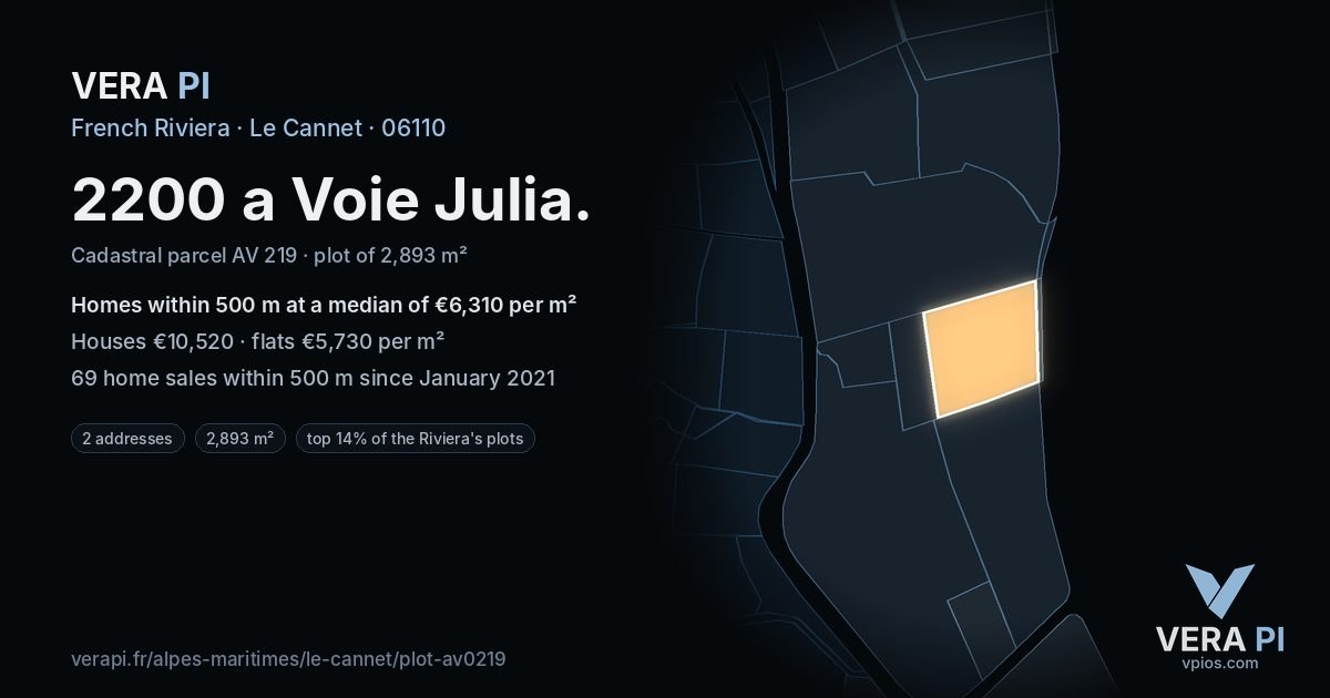2200 a Voie Julia, Le Cannet at night – the plot lit, the parcels around coloured by the prices near them