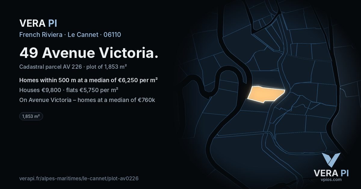 49 Avenue Victoria, Le Cannet at night – the plot lit, the parcels around coloured by the prices near them