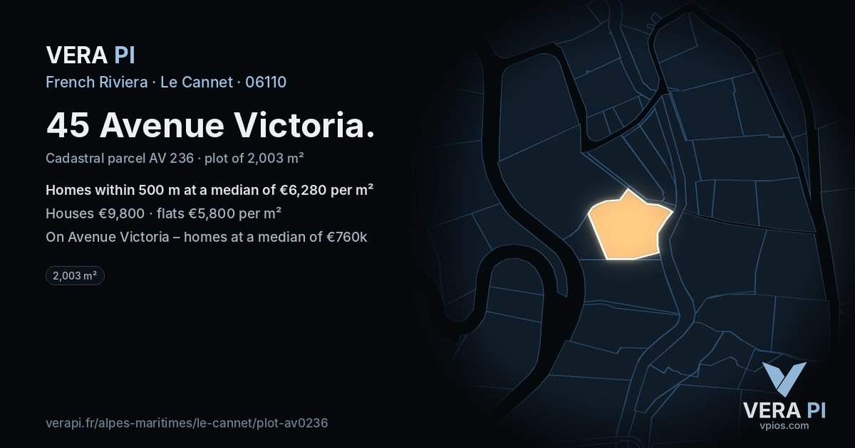 45 Avenue Victoria, Le Cannet at night – the plot lit, the parcels around coloured by the prices near them