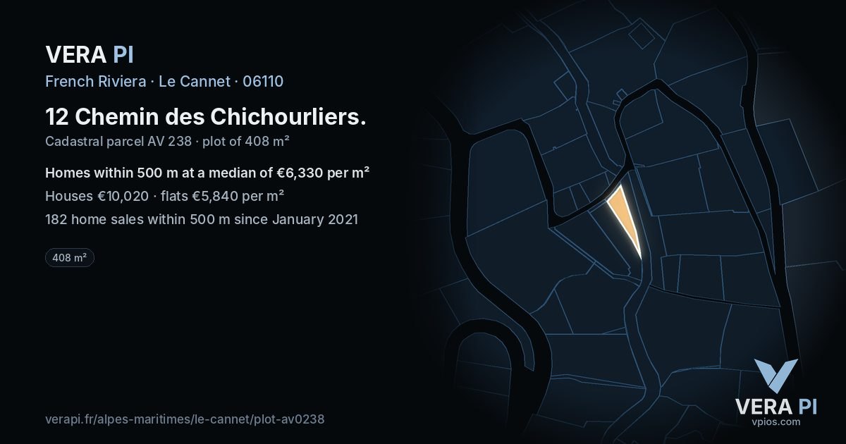 12 Chemin des Chichourliers, Le Cannet at night – the plot lit, the parcels around coloured by the prices near them