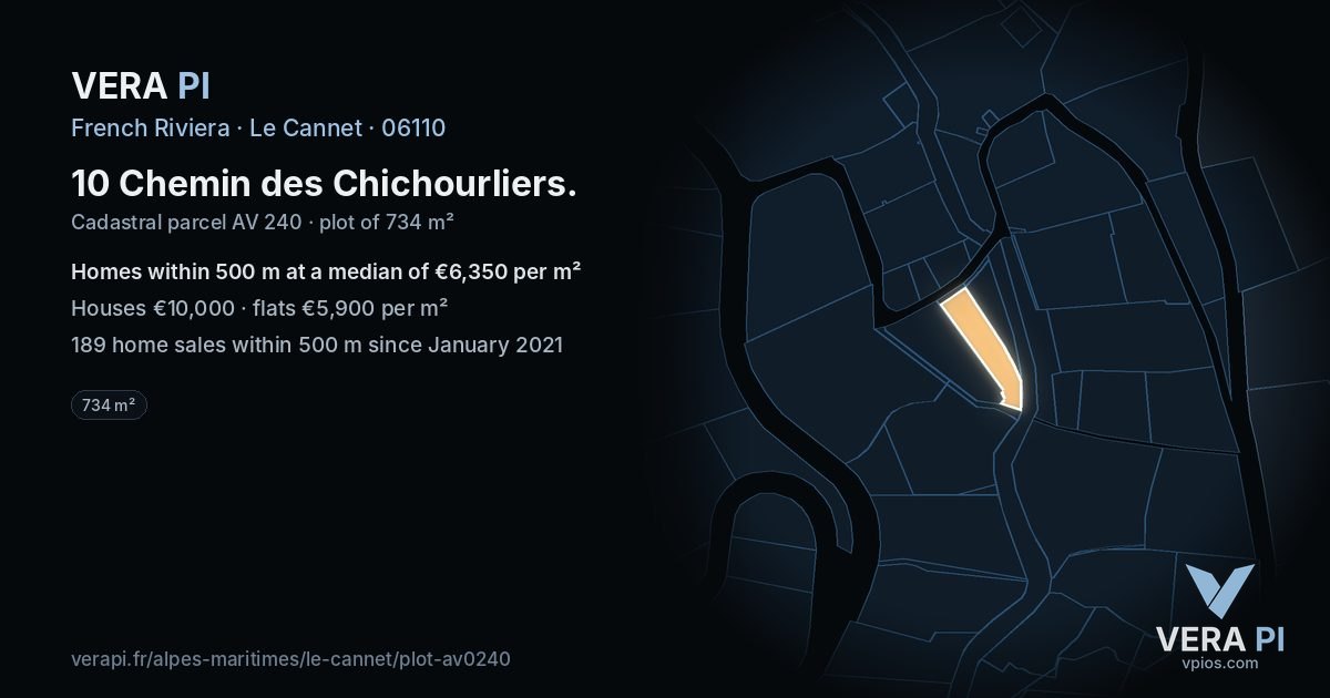 10 Chemin des Chichourliers, Le Cannet at night – the plot lit, the parcels around coloured by the prices near them