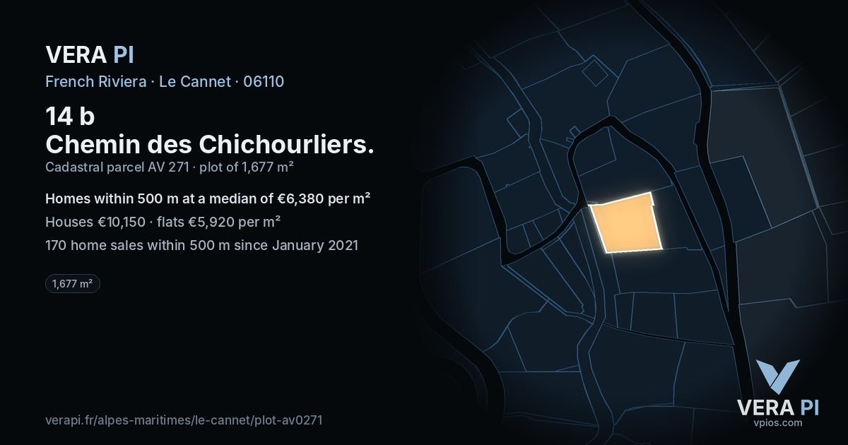 14 b Chemin des Chichourliers, Le Cannet at night – the plot lit, the parcels around coloured by the prices near them
