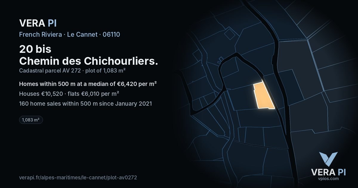 20 bis Chemin des Chichourliers, Le Cannet at night – the plot lit, the parcels around coloured by the prices near them
