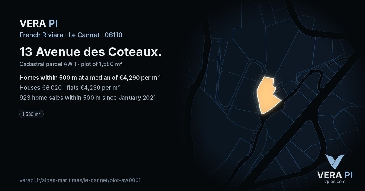 13 Avenue des Coteaux, Le Cannet at night – the plot lit, the parcels around coloured by the prices near them