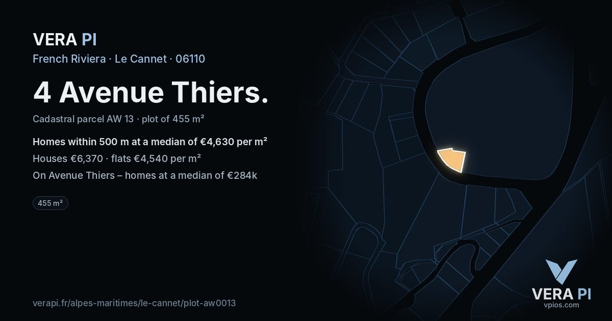 4 Avenue Thiers, Le Cannet at night – the plot lit, the parcels around coloured by the prices near them