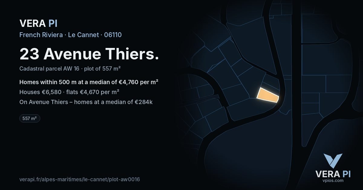 23 Avenue Thiers, Le Cannet at night – the plot lit, the parcels around coloured by the prices near them