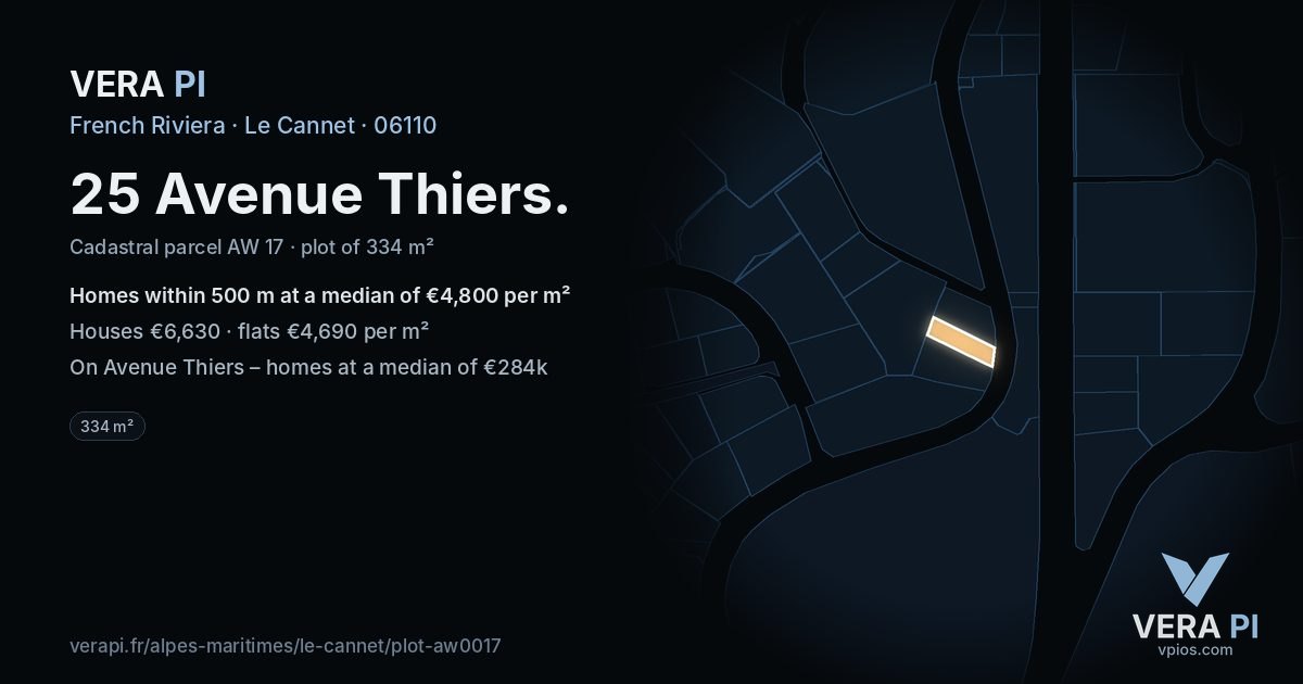 25 Avenue Thiers, Le Cannet at night – the plot lit, the parcels around coloured by the prices near them