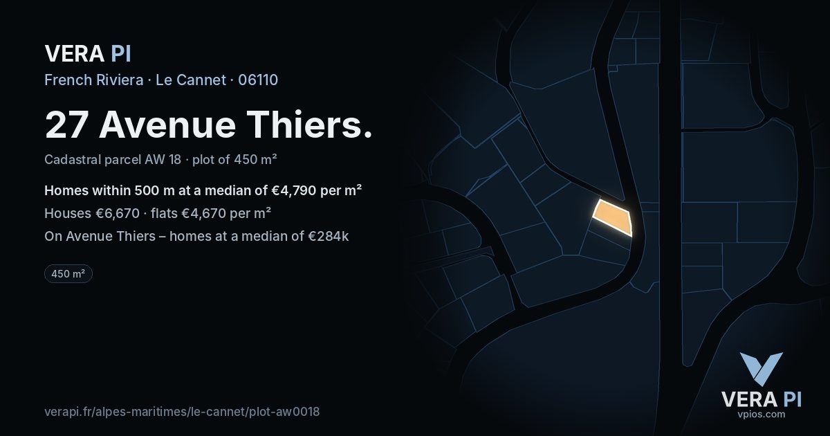 27 Avenue Thiers, Le Cannet at night – the plot lit, the parcels around coloured by the prices near them