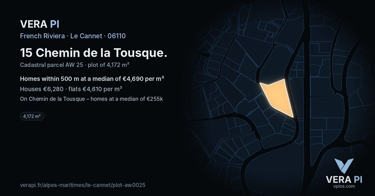 15 Chemin de la Tousque, Le Cannet at night – the plot lit, the parcels around coloured by the prices near them