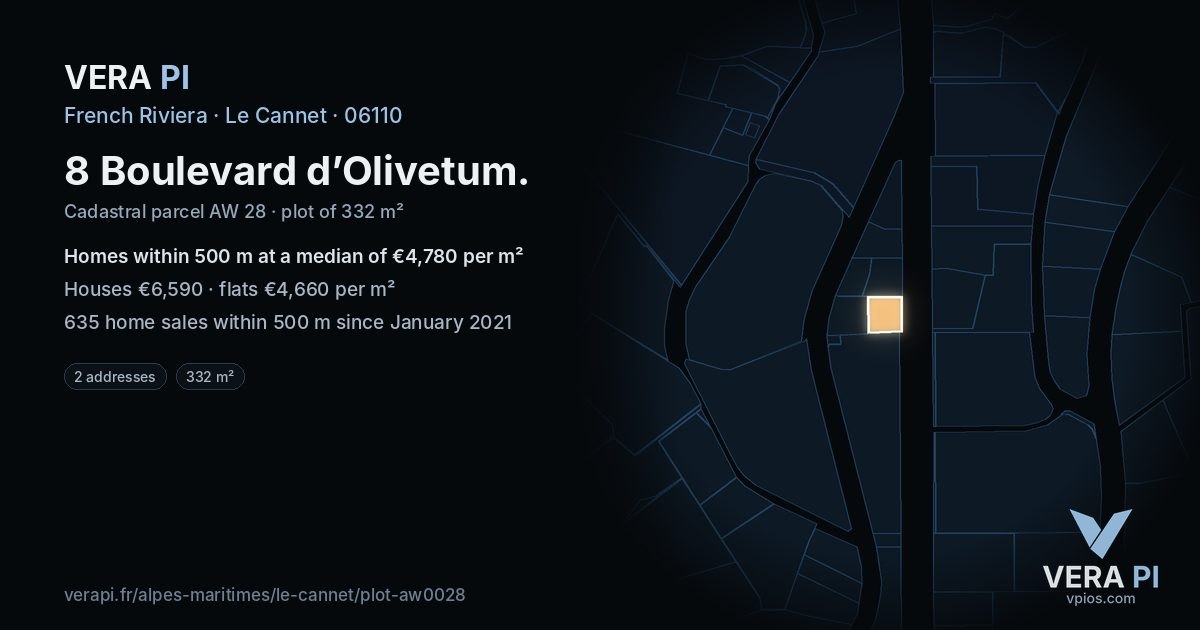 8 Boulevard d’Olivetum, Le Cannet at night – the plot lit, the parcels around coloured by the prices near them
