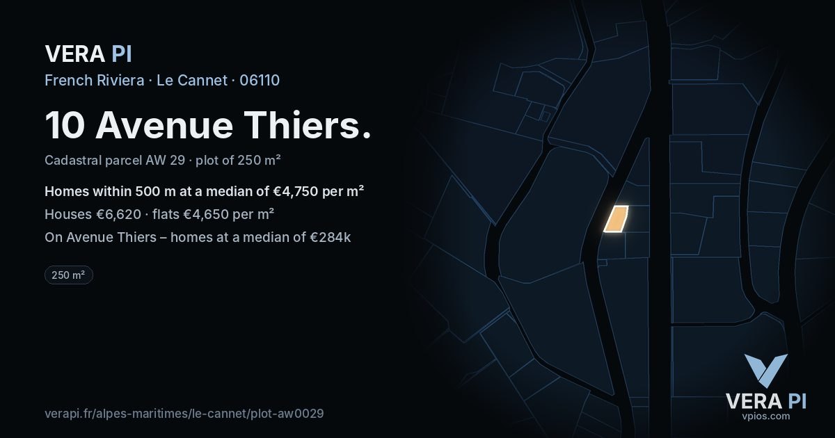 10 Avenue Thiers, Le Cannet at night – the plot lit, the parcels around coloured by the prices near them