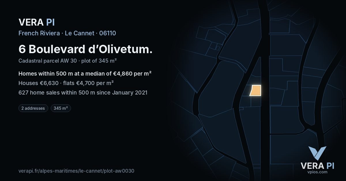6 Boulevard d’Olivetum, Le Cannet at night – the plot lit, the parcels around coloured by the prices near them