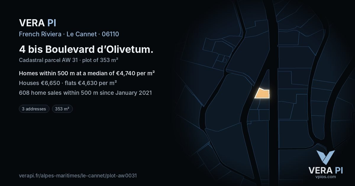 4 bis Boulevard d’Olivetum, Le Cannet at night – the plot lit, the parcels around coloured by the prices near them