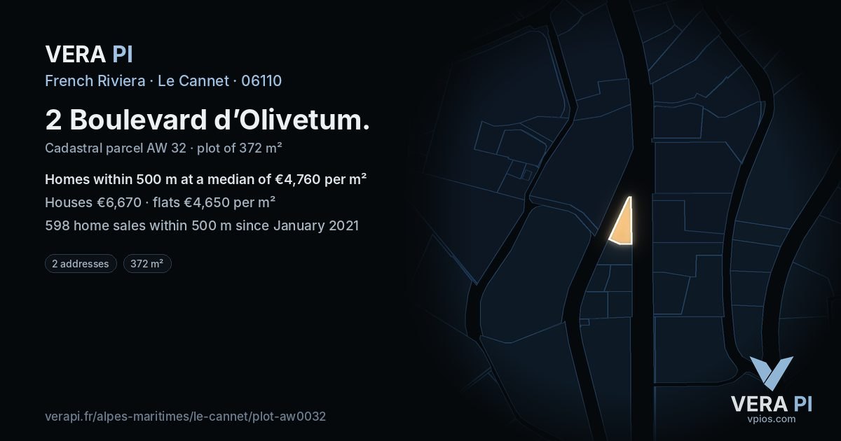 2 Boulevard d’Olivetum, Le Cannet at night – the plot lit, the parcels around coloured by the prices near them