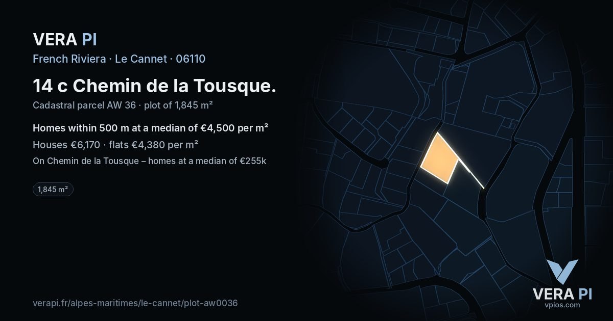 14 c Chemin de la Tousque, Le Cannet at night – the plot lit, the parcels around coloured by the prices near them