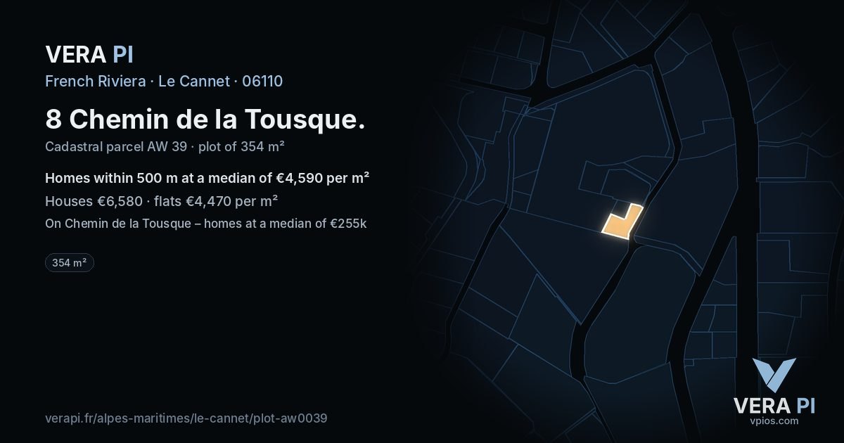 8 Chemin de la Tousque, Le Cannet at night – the plot lit, the parcels around coloured by the prices near them