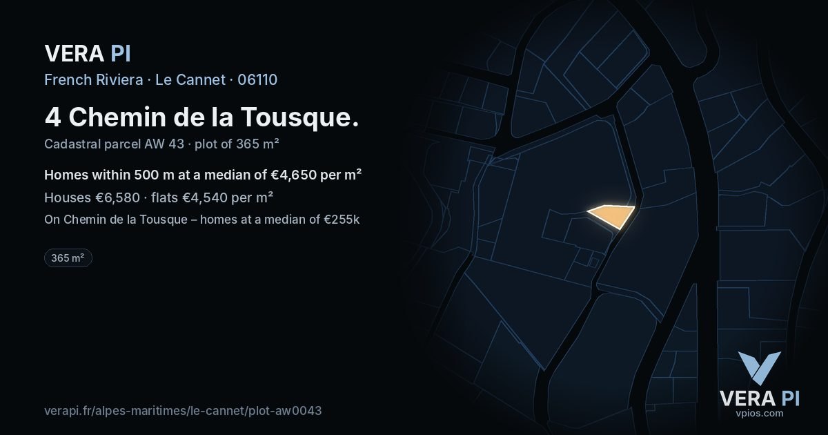 4 Chemin de la Tousque, Le Cannet at night – the plot lit, the parcels around coloured by the prices near them