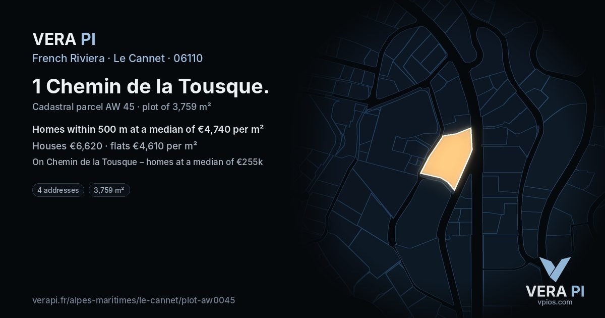 1 Chemin de la Tousque, Le Cannet at night – the plot lit, the parcels around coloured by the prices near them
