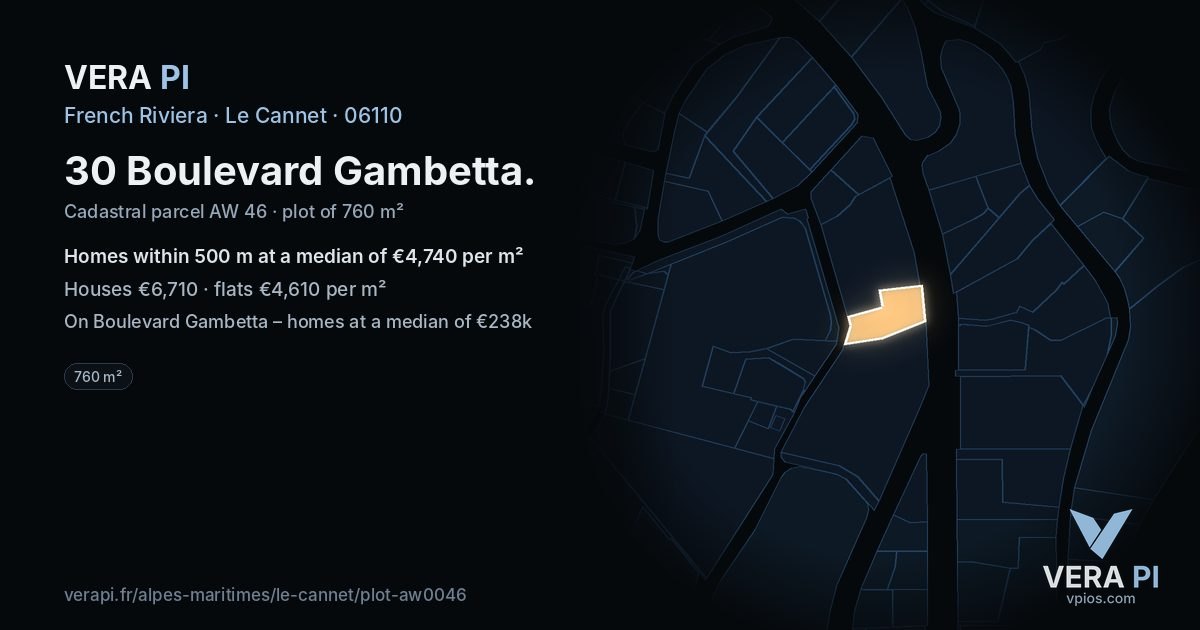 30 Boulevard Gambetta, Le Cannet at night – the plot lit, the parcels around coloured by the prices near them