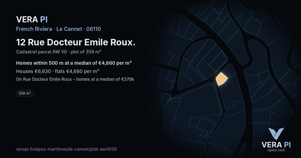 12 Rue Docteur Emile Roux, Le Cannet at night – the plot lit, the parcels around coloured by the prices near them